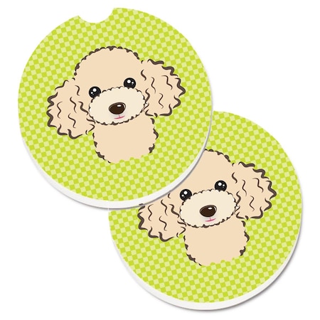 Carolines Treasures Checkerboard Lime Green Buff Poodle Set of 2 Cup Holder Car Coaster BB1320CARC